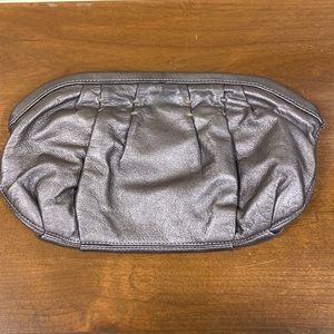 Silver leather large clutch with silk trim